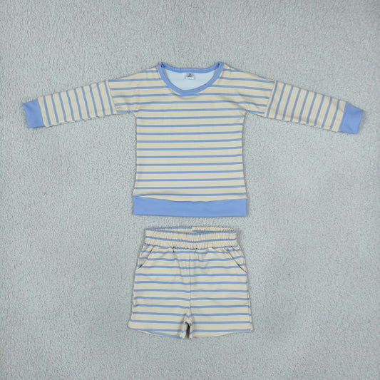 Baby Girls Kids Long Sleeves Yellow Blue Stripes Shirt Shorts Set Yoga Active Clothes