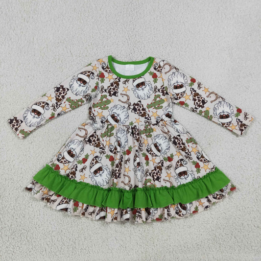 Baby Girl Long Sleeves Santa Cactus Christmas Green Ruffle Dress