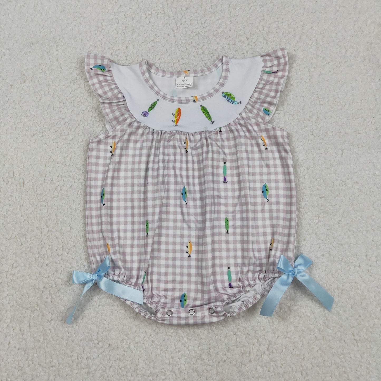 Baby Girls Short Sleeves Embroidery Fishing Plaid Bows Bubble Romper