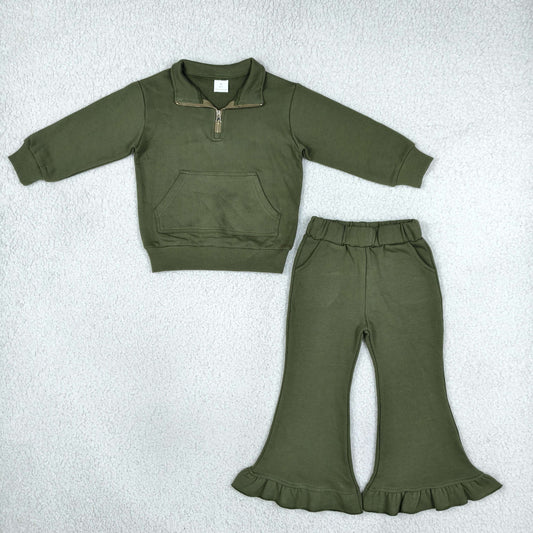 Baby Girls Kids Long Sleeves Zipper Shirt Pockets Pants Green Set Sweatsuit Cotton Clothes