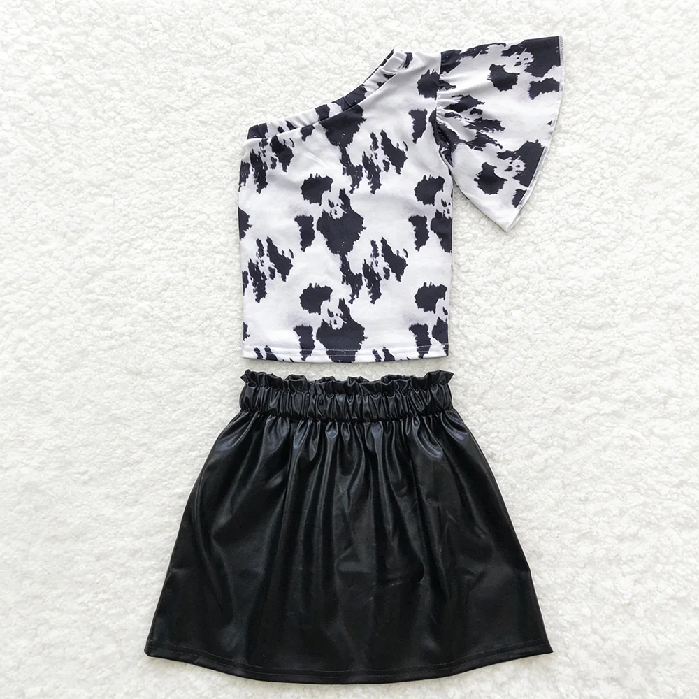 RTS Baby Girl Kids Cow Print Tops Black Leather Skirt Set Western Clothes