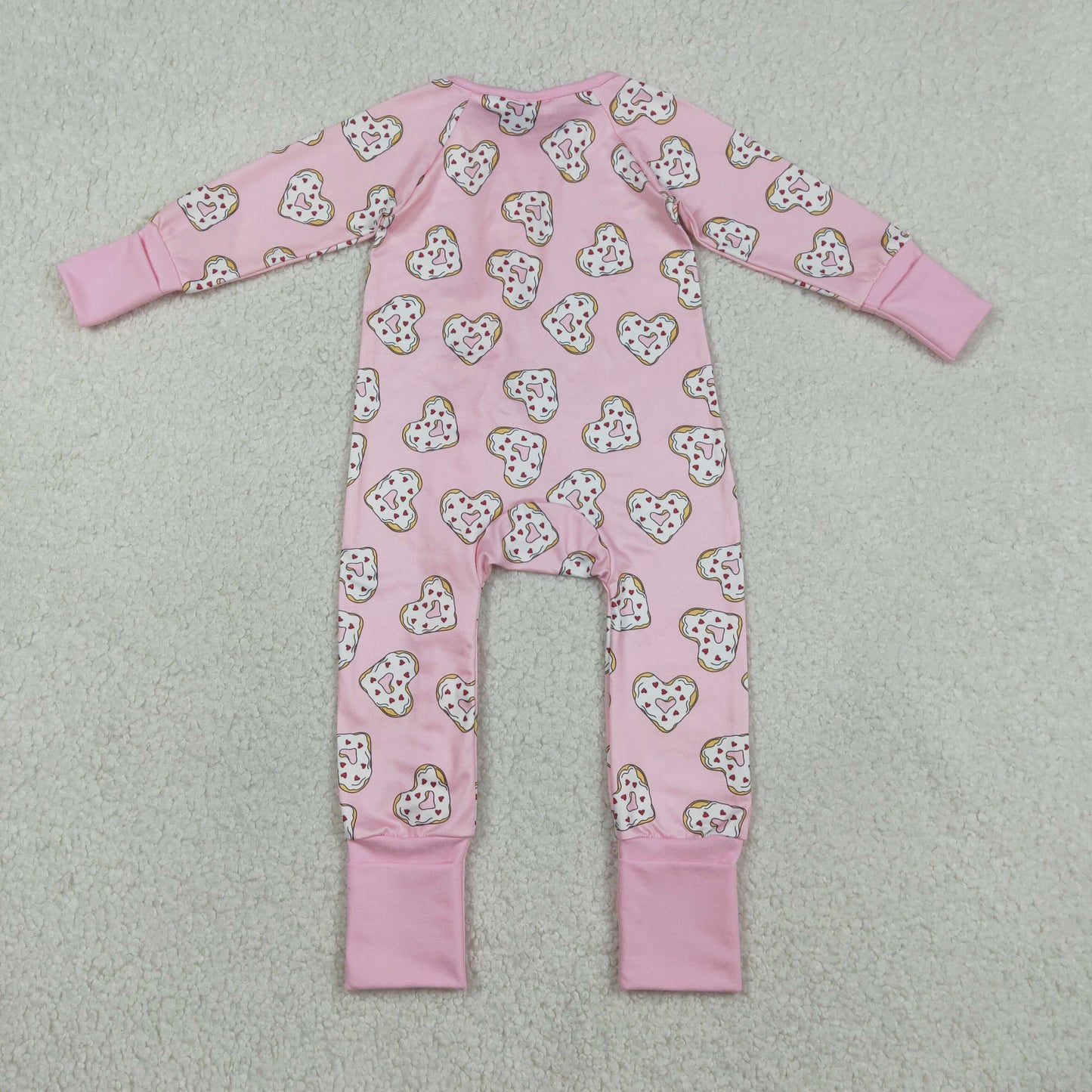 Baby Girls Long Sleeves Donuts Hearts Pink Zipper Valentines Sleeper Romper