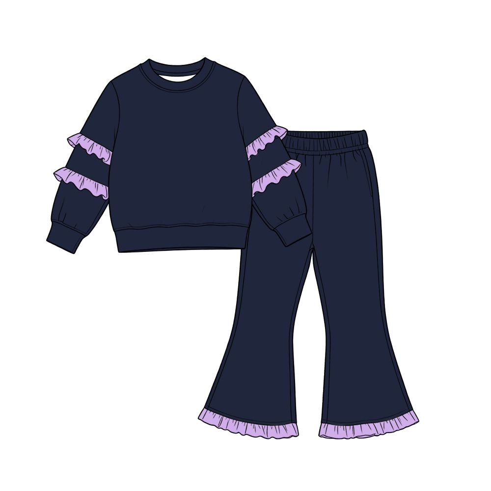 Moq 5 Preorder Baby Girls Kids Purple Ruffle Shirt Bell Pants Navy Set Cotton Clothes