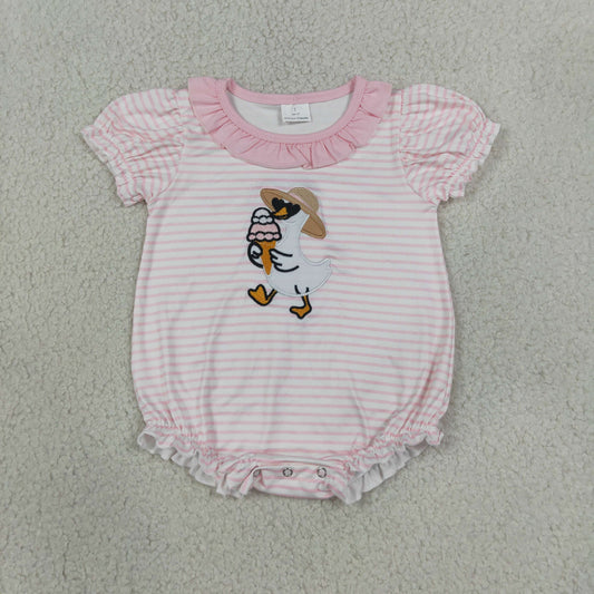 Baby Girls Infant Short Sleeves Embroidery Gooses Pink Stripe Bubble Romper