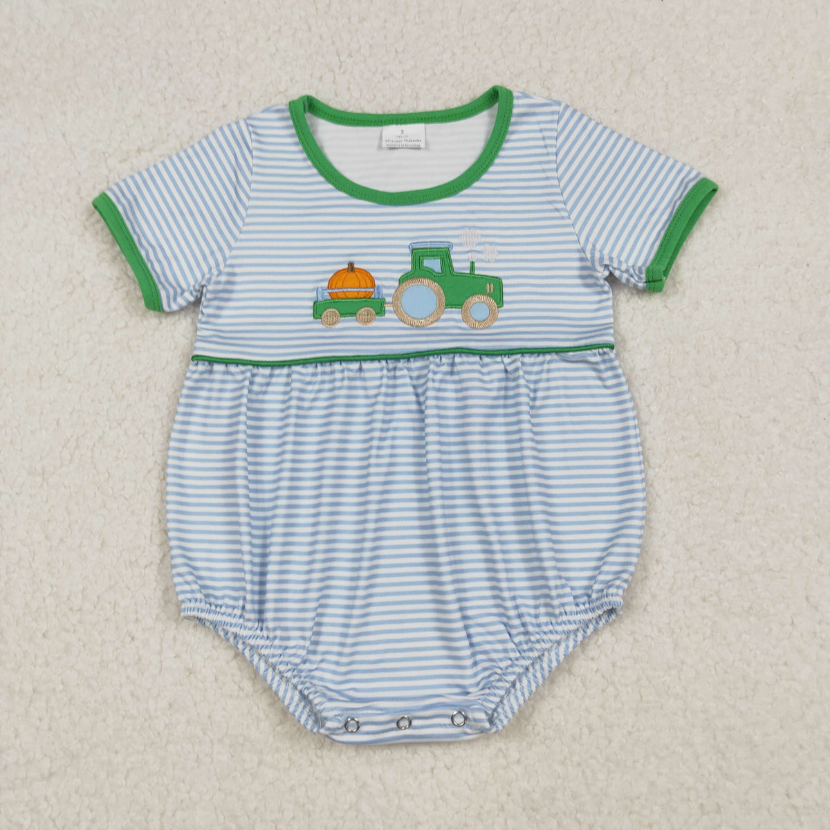 Baby Boy Short Sleeves Embroidery Pumpkin Tractor Stripes Bubble Romper