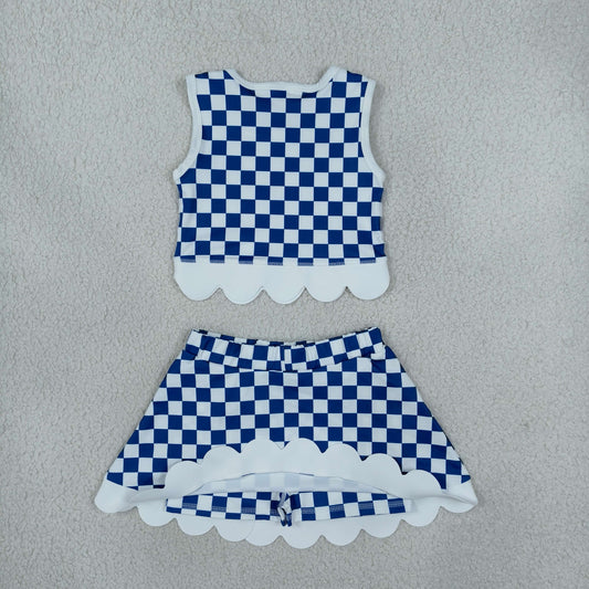 Baby Girls Kids Blue Checked Shirt Scallop Bows Skirt Shorts Team Set Yoga Active Clothes RTS