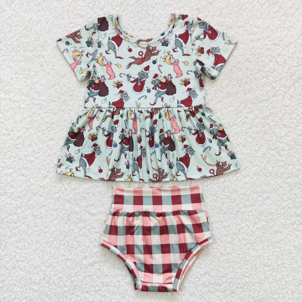 Promotion Baby Girl Short Sleeves Green Face Tops Plaid Bummie Christmas Outfit