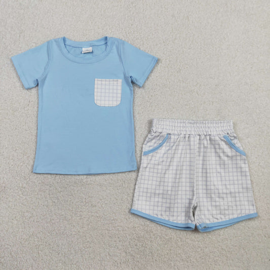 RTS Sibling Baby Boys Kids Blue Short Sleeves Shirt Plaid Pockets Shorts Clothes Summer Romper Set