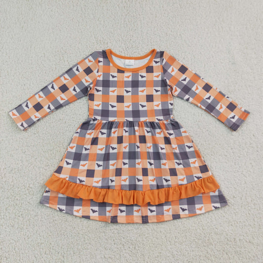 Baby Girls Kids Long Sleeves Bats Plaid Halloween Knee Length Dress