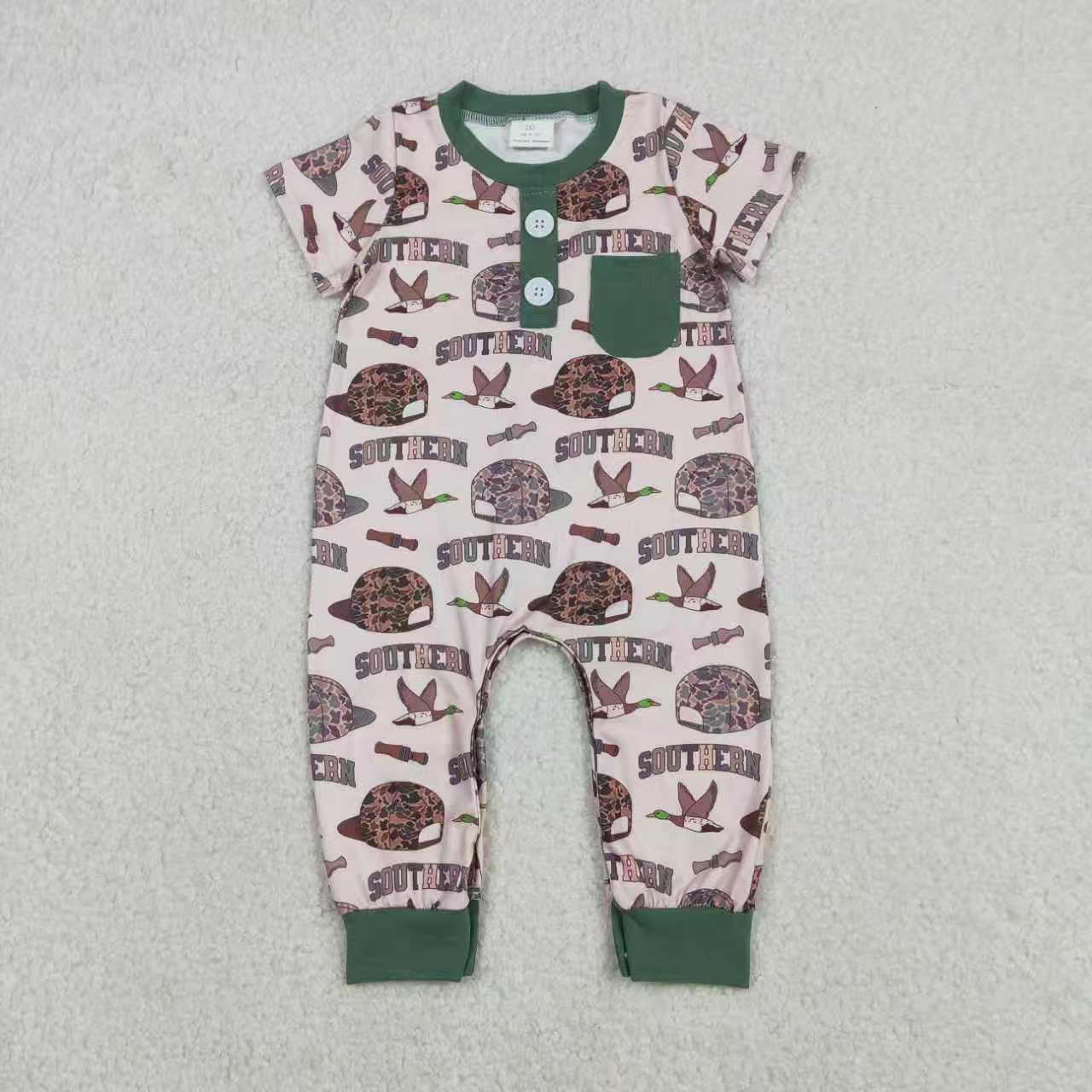Sibling Baby Boys Short Sleeves Camo Hats Ducks Hunting Southern Buttons Romper Outfit