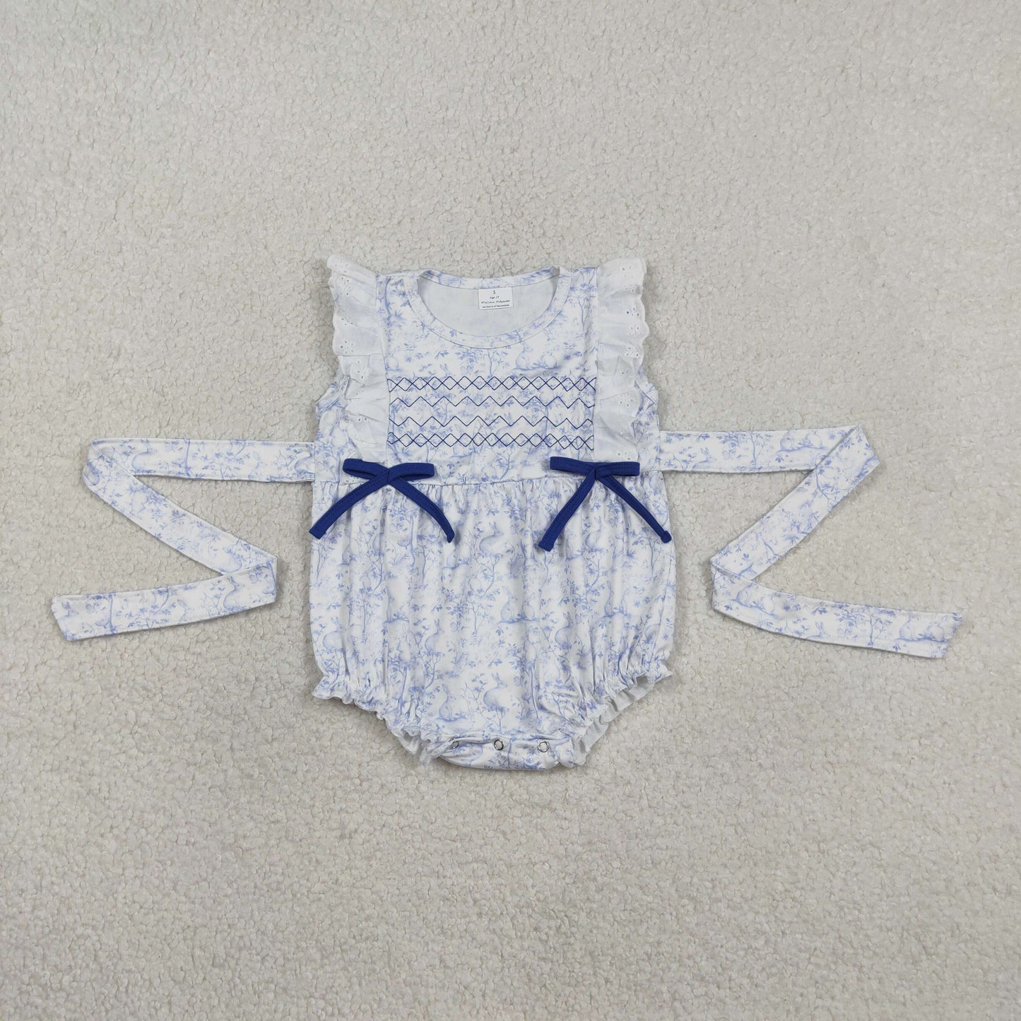 RTS Baby Girls Infant Embroidery Bows Easter Rabbits Knee Bubble Romper