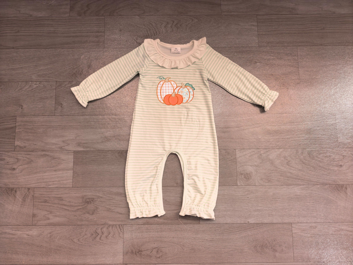 No moq Preorder Baby Girl Kids Embroidery Pumpkins Green Stripes Fall Romper Clothes