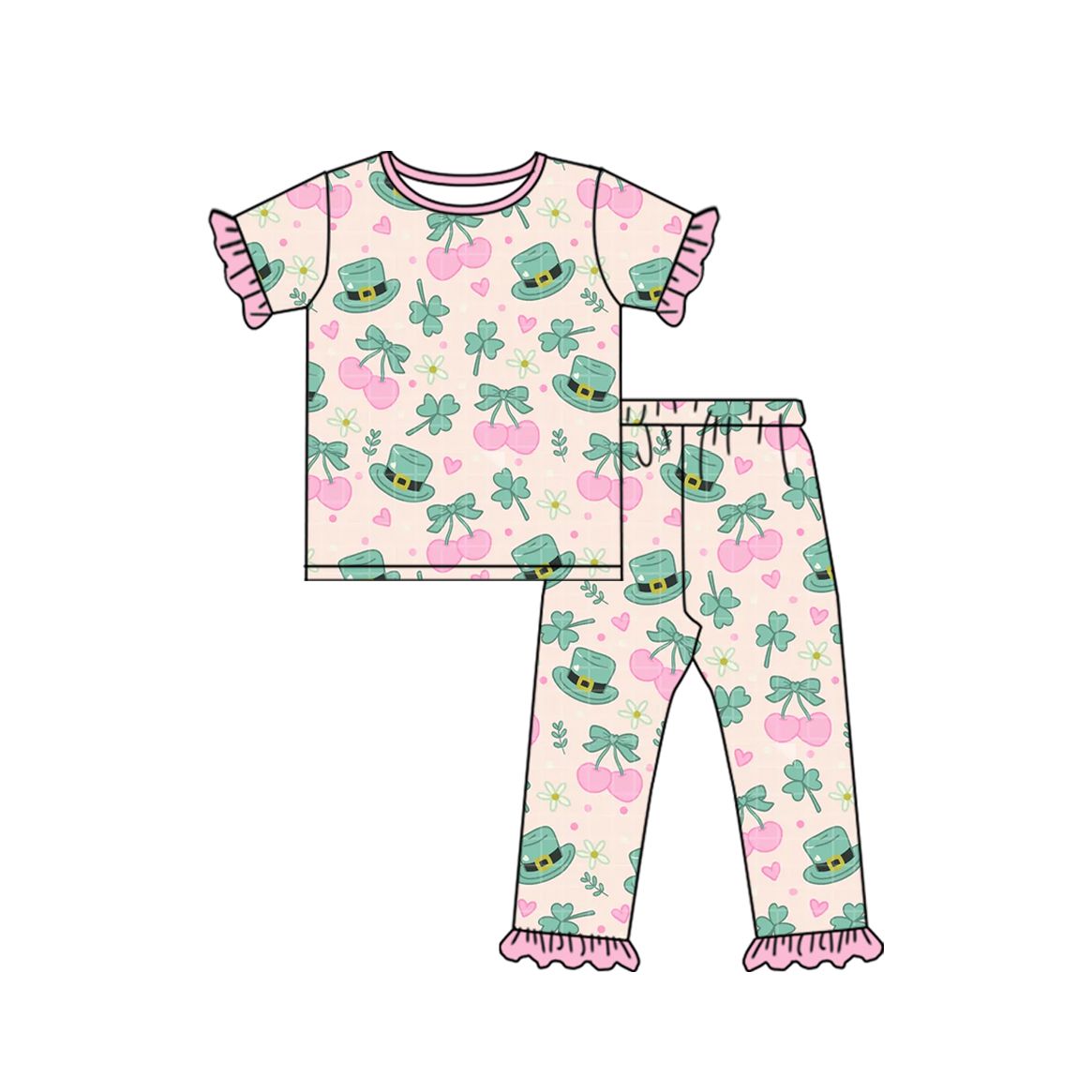 Moq 5 Preorder Baby Girls Kids Short Sleeves Clover Bows Shirt Pants St Patrick Set Pajamas Clothes