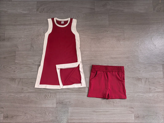 No moq Preorder Baby Girls Kids Sleeveless Tops Dark Red Pockets Shorts Set Yoga Clothes