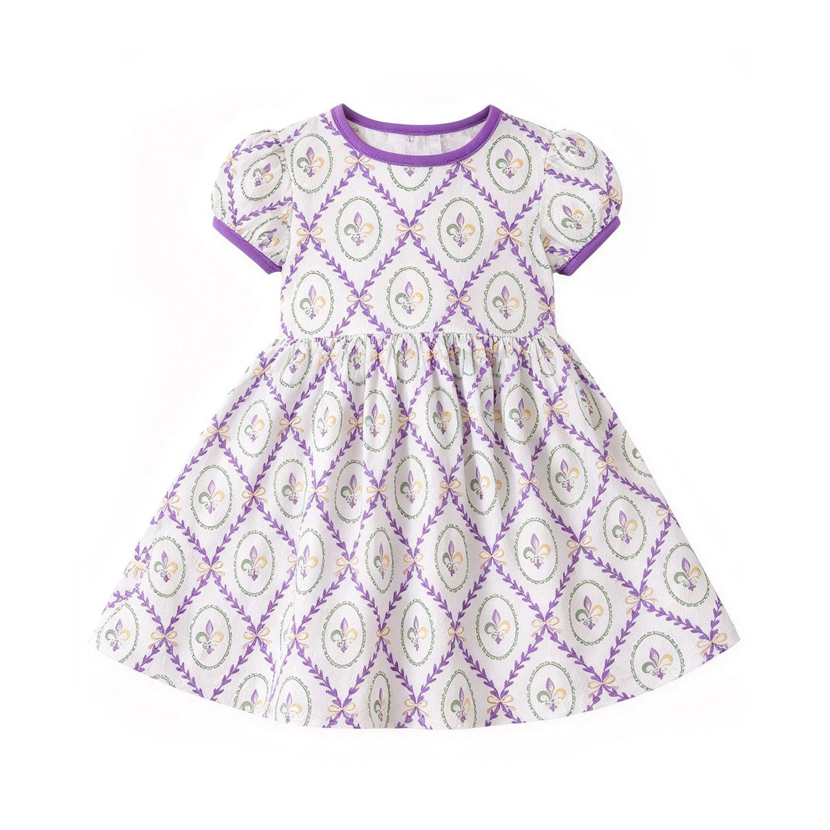 Moq 5 Preorder Baby Girls Kids Short Sleeves Anchors Mardi Gras Knee Length Dress Clothes