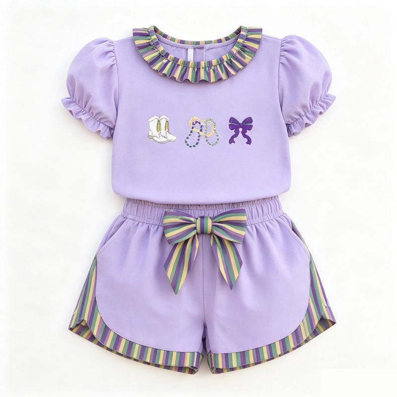 Moq 5 Preorder Baby Girls Kids Boots Bows Shirt Pockets Shorts Mardi Gras Purple Set