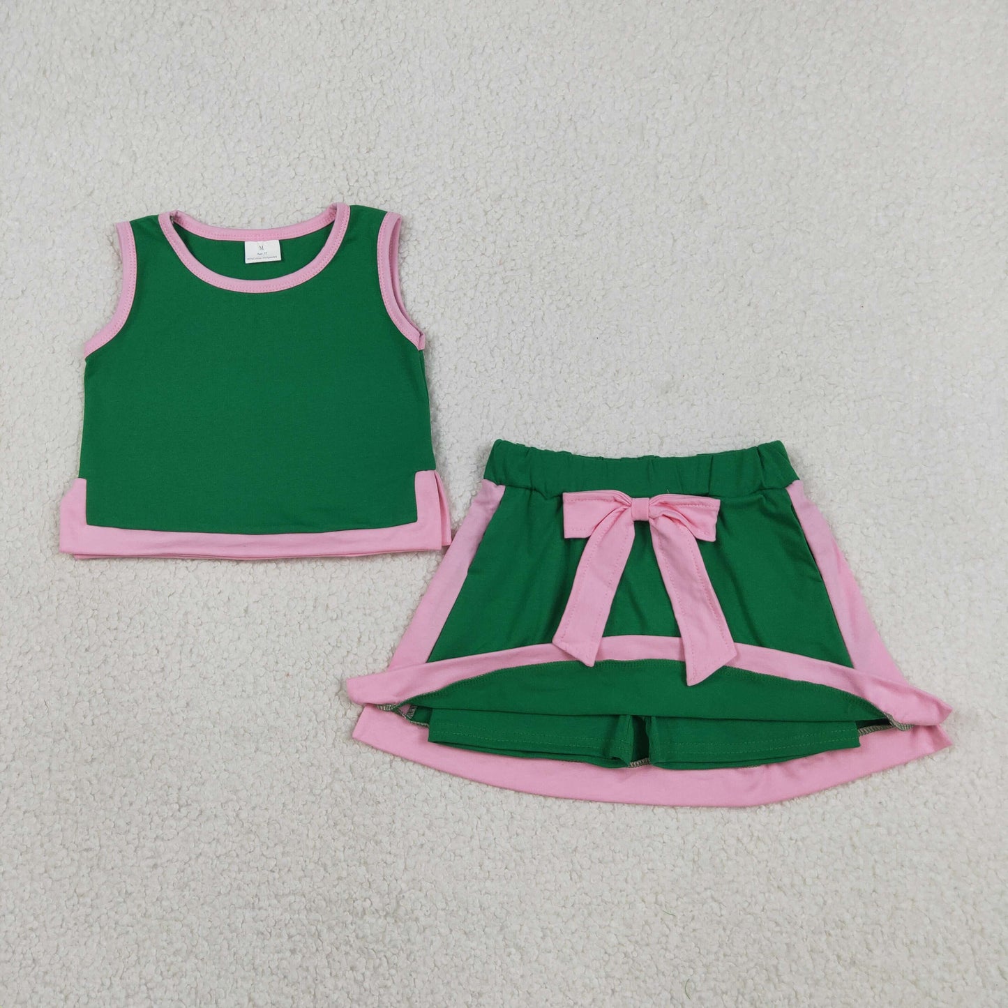 Baby Girls Kids Sleeveless Green Tops Pockets Skirt Shorts Cotton Set
