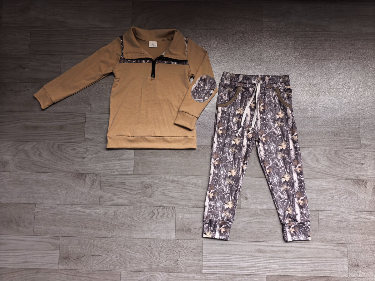 No moq Preorder Baby Boys Long Sleeves Zipper Pullover Leaves Pockets Jogger Pants Set Clothes