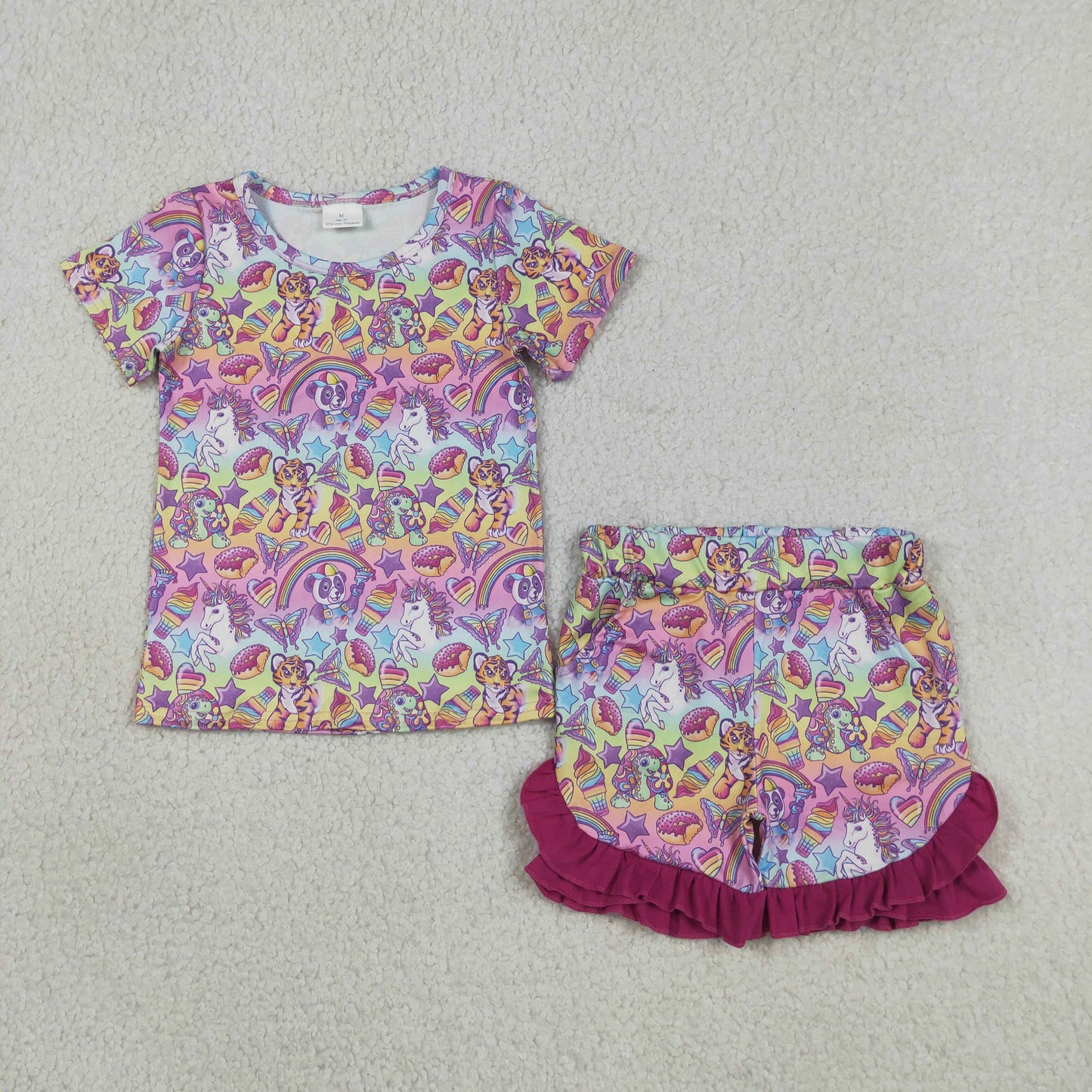 Baby Girls Short Sleeves Animals Shirt Purple Ruffle Shorts Set Clothes
