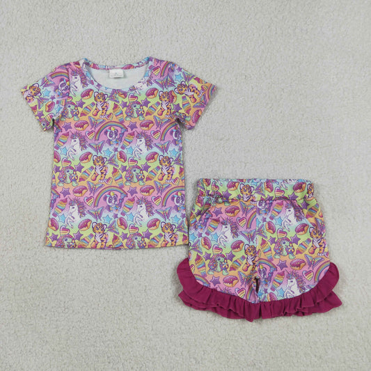 Baby Girls Short Sleeves Animals Shirt Purple Ruffle Shorts Set Clothes