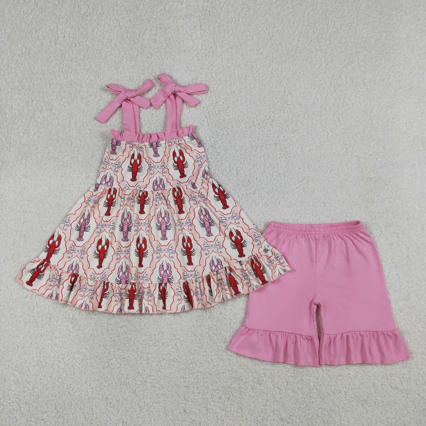 Baby Girls Kids Bows Straps Crawfish Tops Pink Ruffle Shorts Summer Set