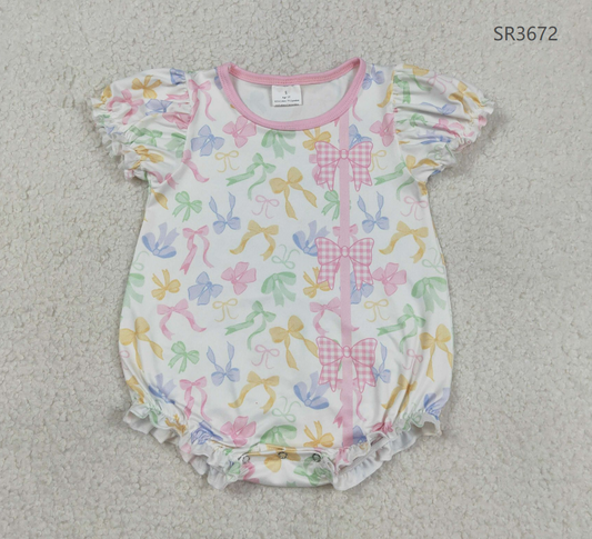 RTS Baby Girls Infant Short Sleeves Colorful Bows Bubble Romper