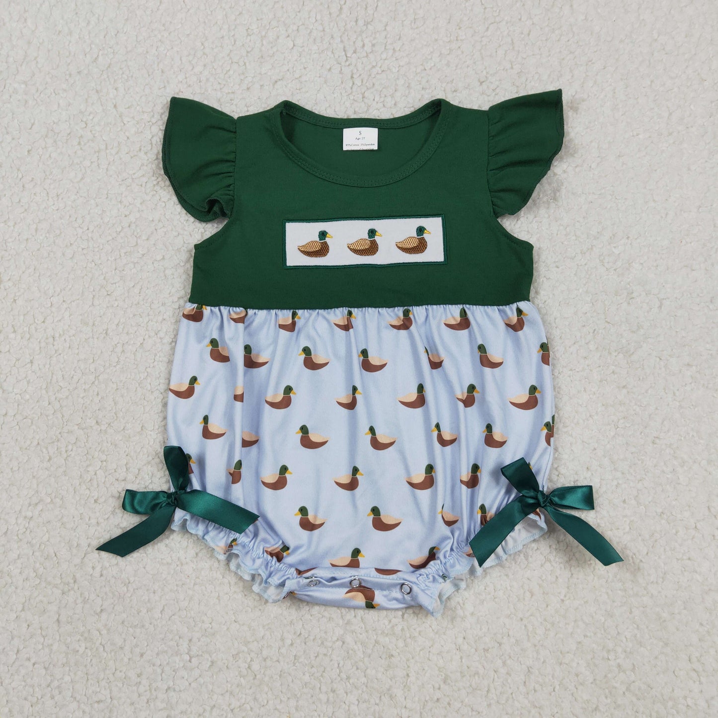 Baby Girls Infant Green Short Sleeves Embroidery Ducks Bows Bubble Romper