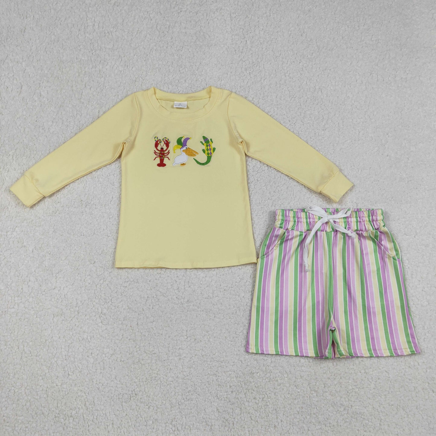 Baby Boys Kids Toddler Embroidery Animals Shirt Stripes Pockets Shorts Mardi Gras Clothes Set