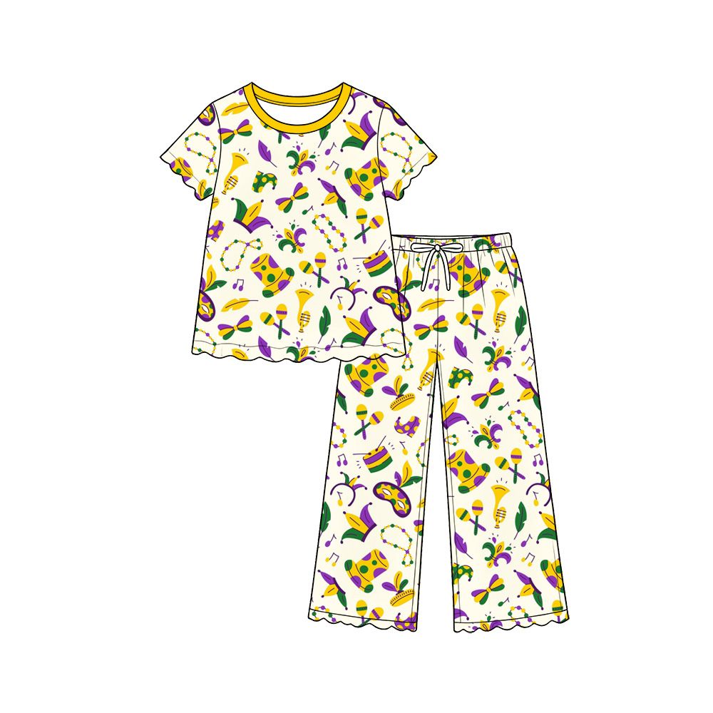 Moq 5 Preorder Baby Girls Kids Short Sleeves Hats Shirt Scallop Pants Mardi Gras Set Clothes