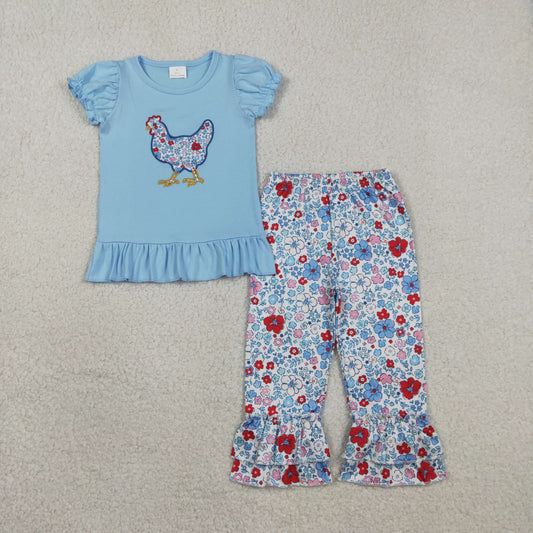 RTS Baby Girls Blue Short Sleeves Embroidery Chicken Floral Knee Length Dress