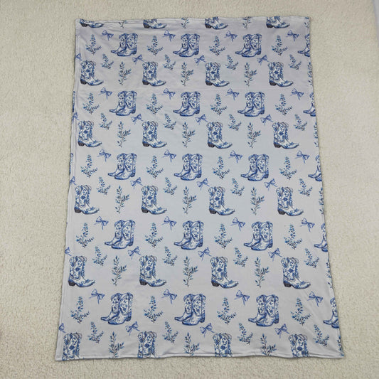 Baby Girls Kids Boots Bows Floral Western Blue Blanket