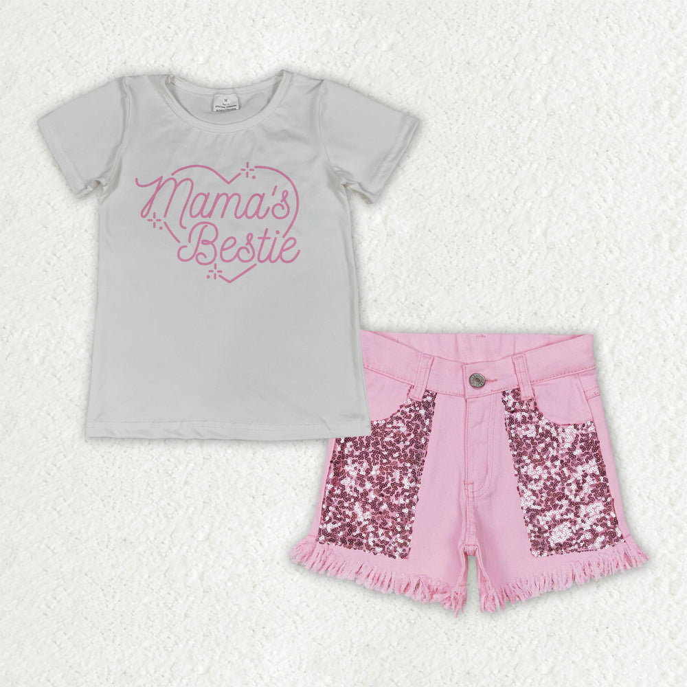 Baby Girls Kids Short Sleeves Mama's Shirt Sequins Pink Denim Shorts Summer Set
