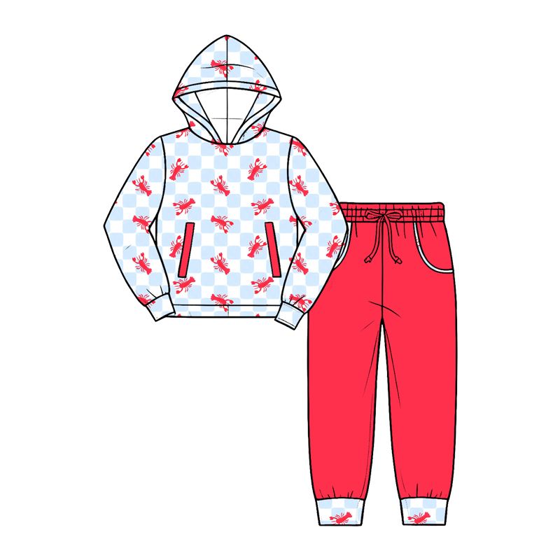 Moq 5 Preorder Baby Boys Kids Crayfish Checked Hoodie Pullover Pockets Pants Set Clothes