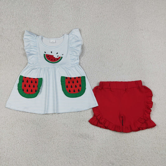 Baby Girls Kids Embroidery Watermelon Pockets Stripes Tunic Red Shorts Set Clothes