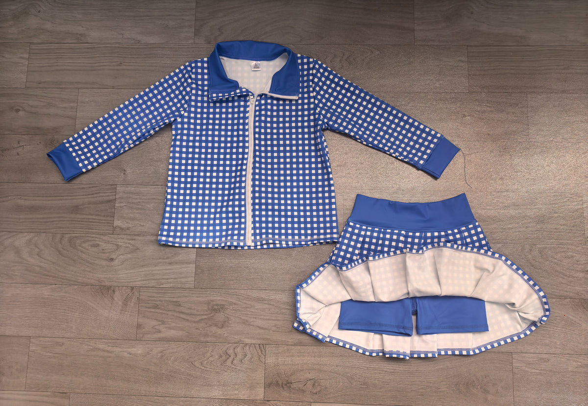 No moq Preorder Baby Girls Kids Long Sleeves Blue Plaid Zipper Tops Skirt Shorts Set Yoga Active Clothes