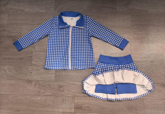 No moq Preorder Baby Girls Kids Long Sleeves Blue Plaid Zipper Tops Skirt Shorts Set Yoga Active Clothes