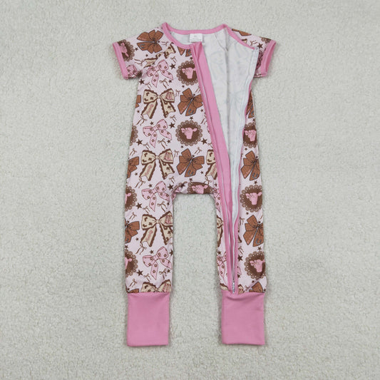 Baby Girls Short Sleeves Bows Boots Zipper Western Pink Romper