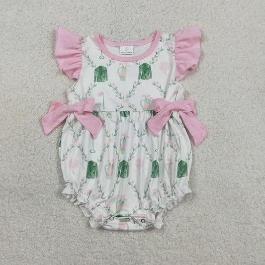 RTS Sibling Baby Girls Infant Short Sleeves Golf Floral Pink Bows Bubble Romper Set