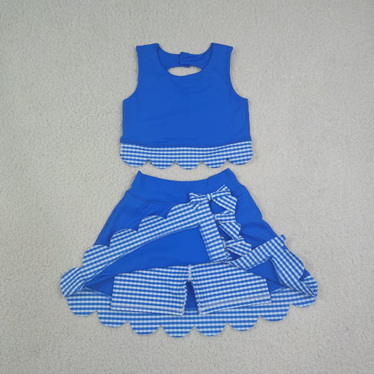Baby Girls Kids Scallop Shirt Blue Plaid Bows Skirt Shorts Set Yoga Active Clothes