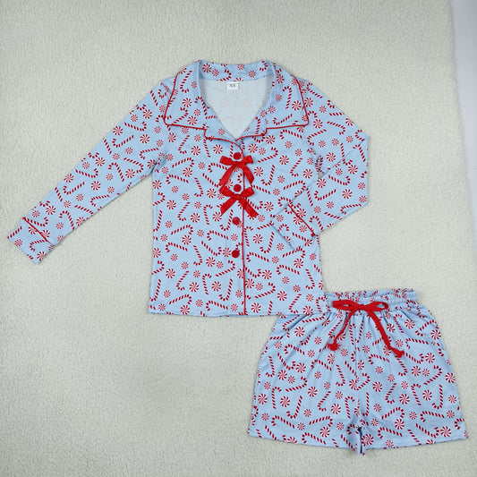 Adult Women Long Sleeves Christmas Candy Bows Buttons Tops Shorts Pajamas Blue Set