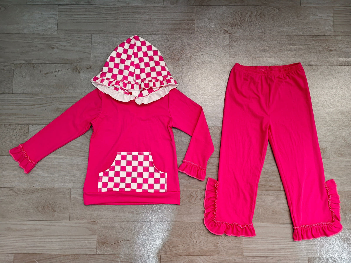 No moq Preorder Baby Girls Kids Checked Pocket Hoodie Shirt Pants Hot Pink Set Cotton Clothes
