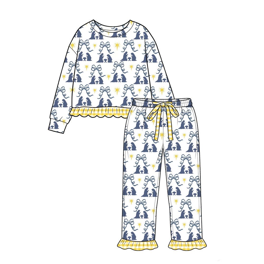 Moq 5 Preorder Baby Girls Kids Nativity Bows Shirt Pants Set Christmas Pajamas Clothes