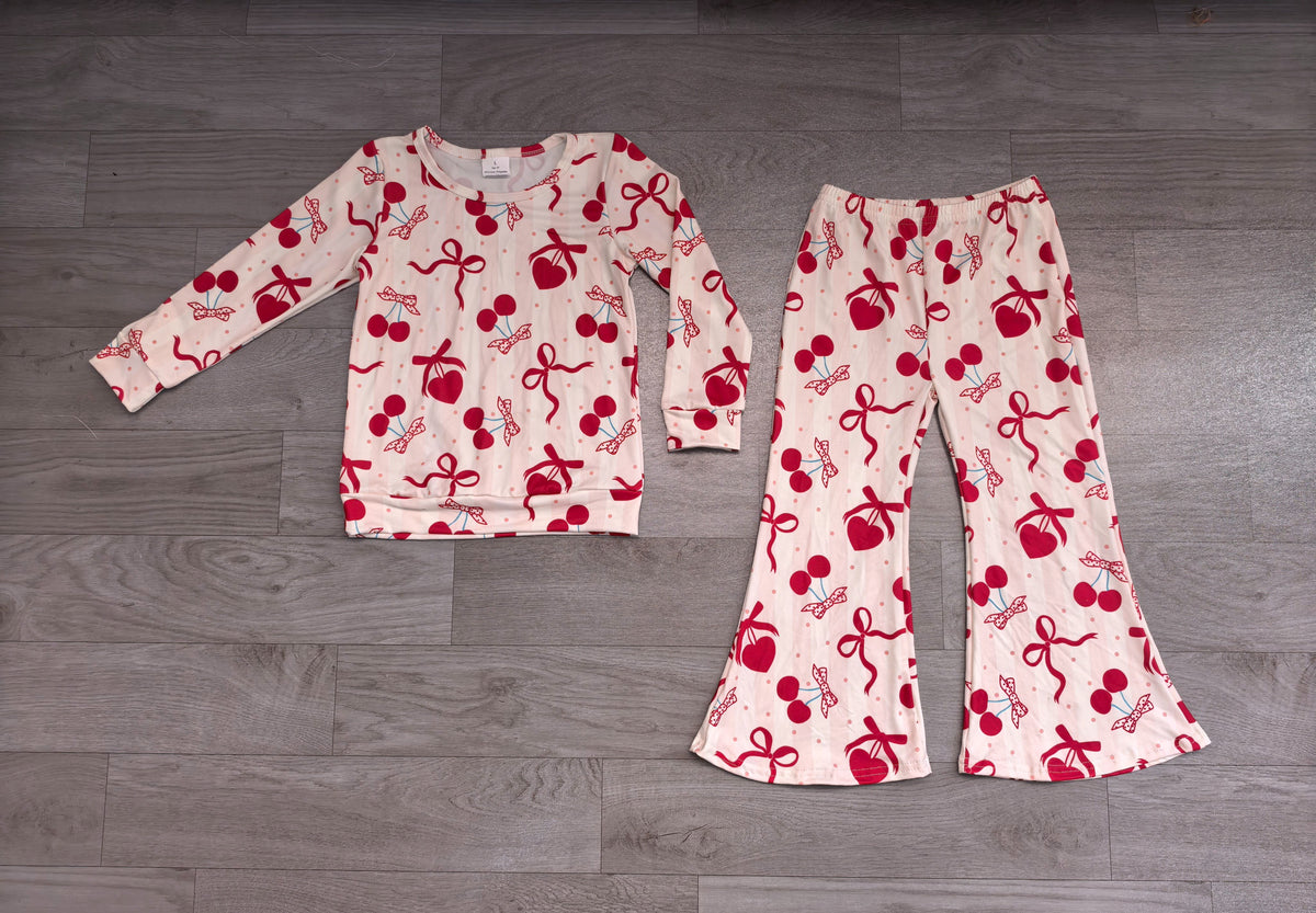 No moq Preorder Baby Girls Kids Long Sleeves Bows Hearts Shirt Bell Pants Valentine Set Clothes