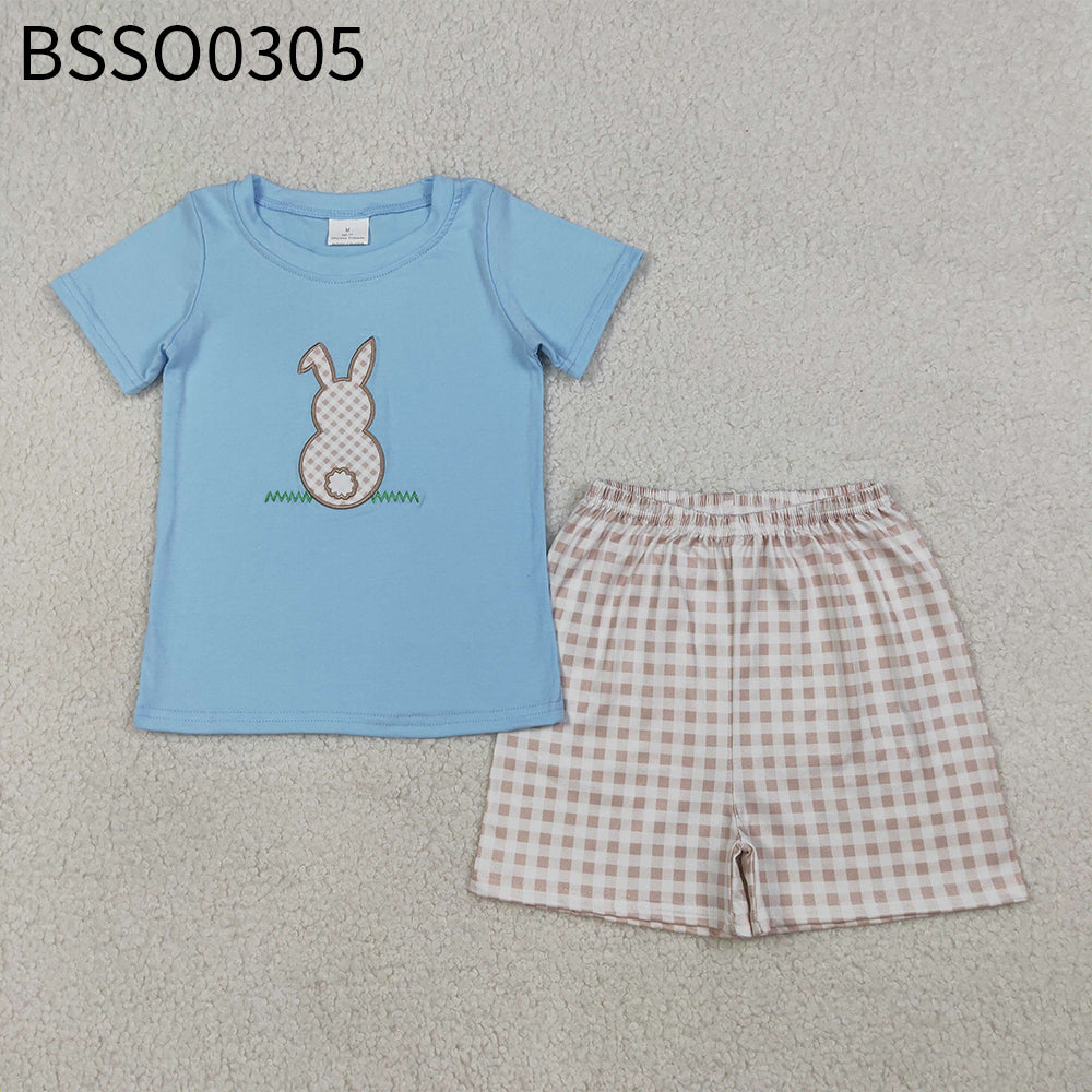 RTS Sibling Baby Boys Girls Short Sleeves Embroidery Rabbit Tops Plaid Shorts Easter Sets