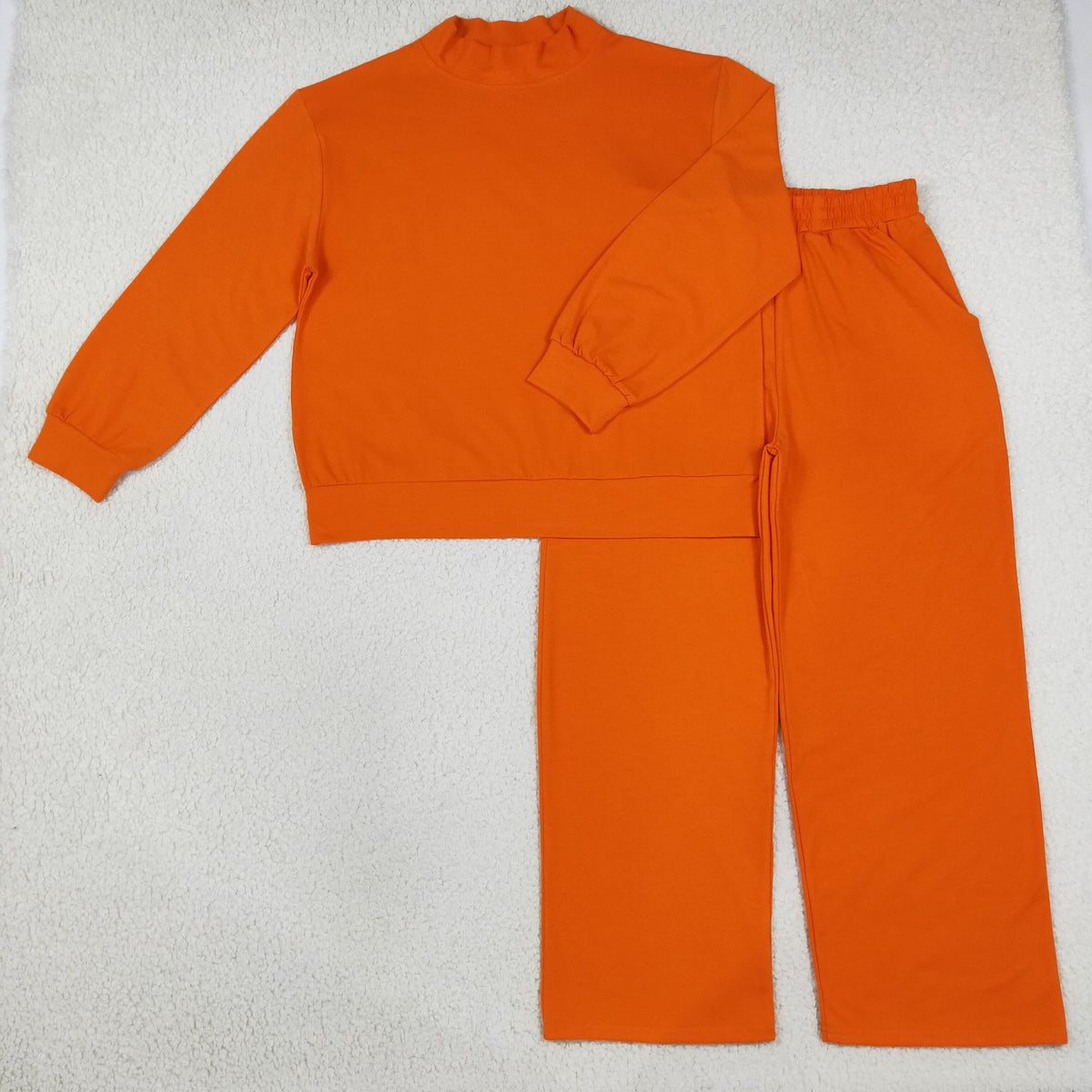 Adult Women Long Sleeves Orange Shirt Pockets Pants Cotton Set Clothes