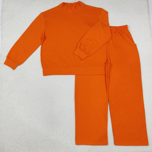 Sibling Baby Girls Adult Women Long Sleeves Orange Shirts Pockets Pants Cotton Mock Neck Sets