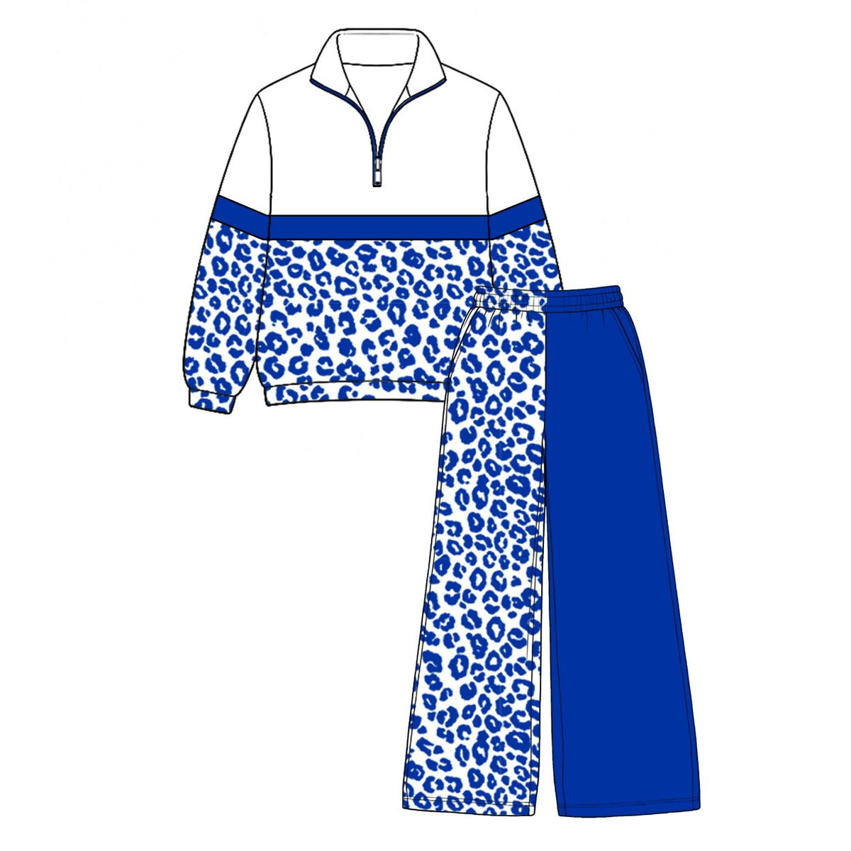 Moq 5 Preorder Baby Girls Kids Long Sleeves Zipper Pullover Leopard Blue Pants Set Clothes