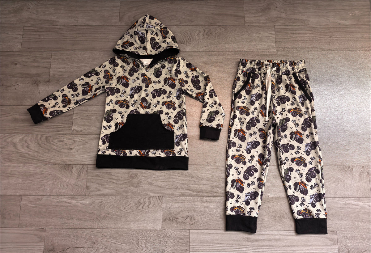 No moq Preorder Baby Boys Kids Long Sleeves Trucks Hoodie Shirt Pockets Pants Set Clothes
