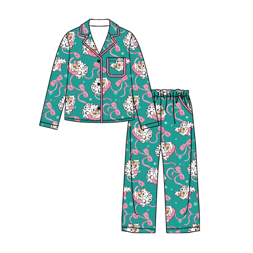 Moq 5 Preorder Baby Girls Kids Christmas Santa Bows Buttons Shirt Pockets Pants Set Pajamas Clothes