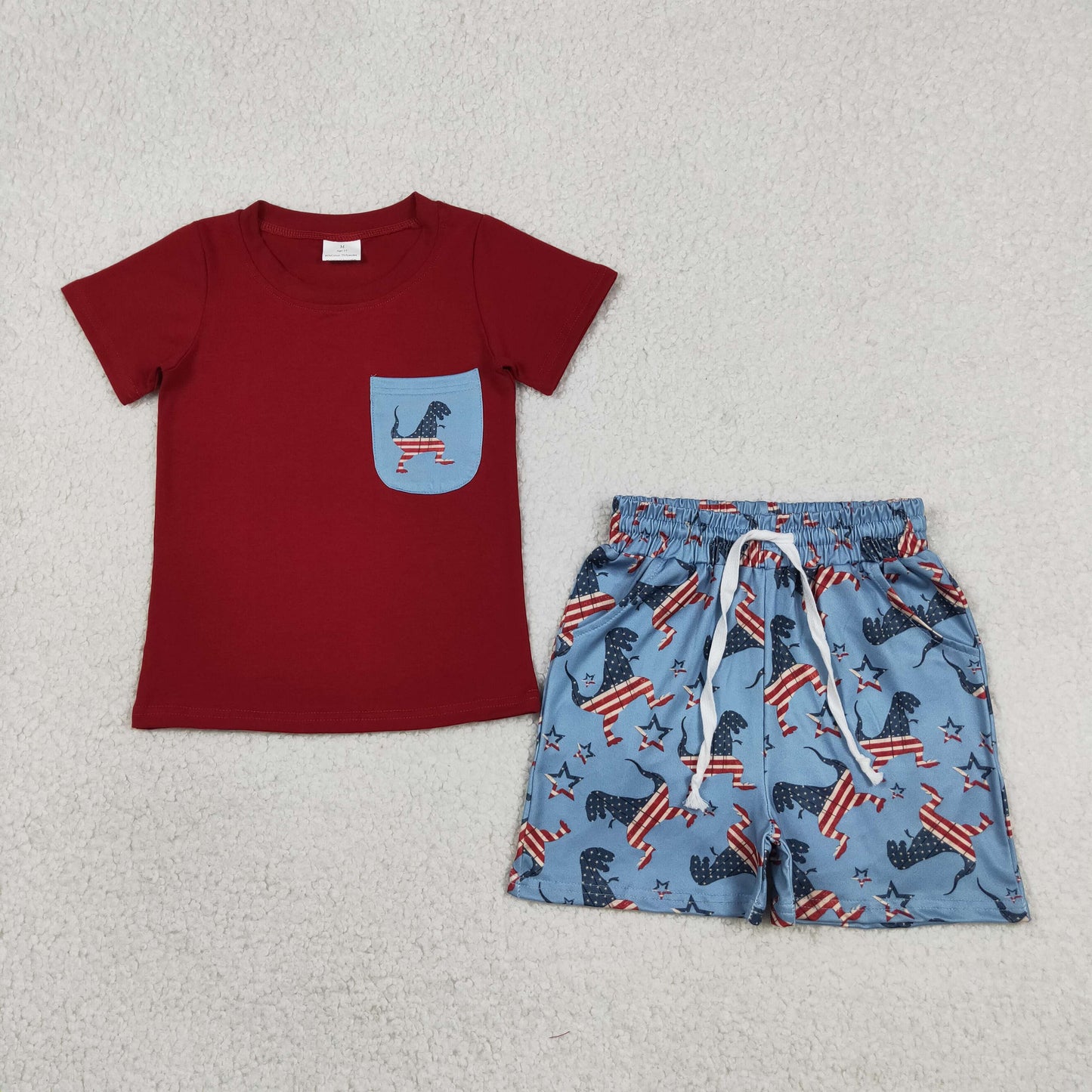 Baby Boys Kids Short Sleeves Red Shirt Dinosaurs Pockets Shorts 4th of July Set